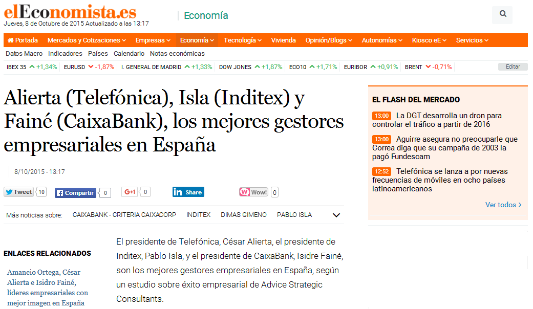  Noticia sobre los resultados del Estudio Advice sobre los mejores gestores de España en El Economista