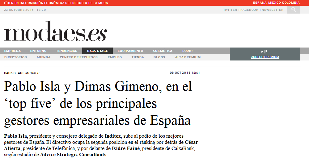  Noticia sobre los resultados del Estudio Advice sobre los mejores gestores de España en Modaes.es