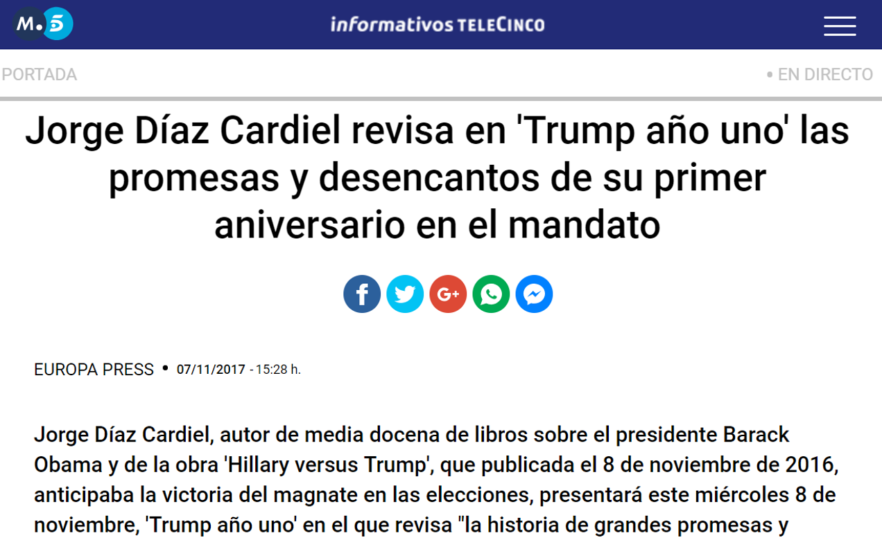Noticia sobre el libro ‘Trump año uno’ de Jorge Díaz-Cardiel en ‘Informativos Telecinco’